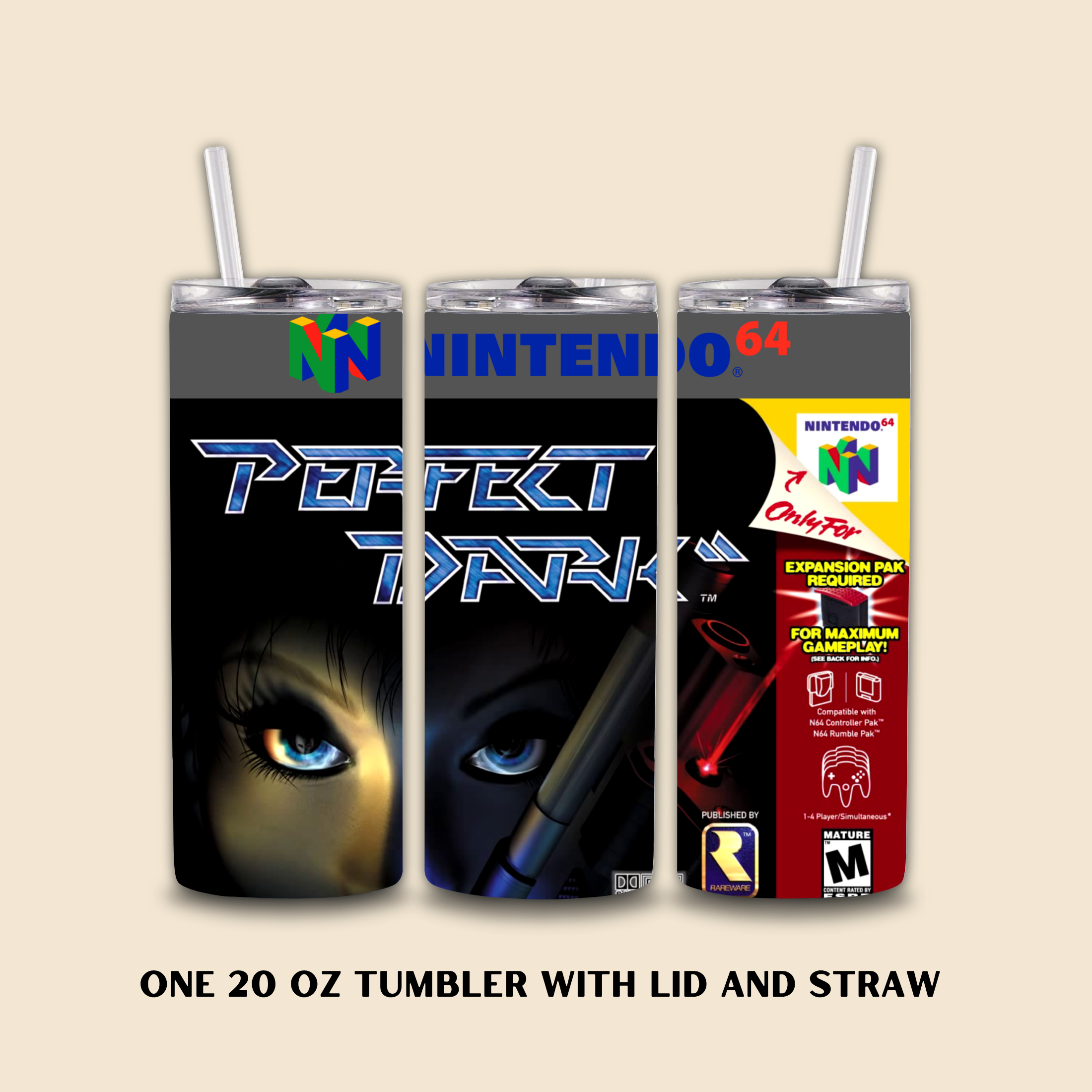 Three tumbler designs inspired by Nintendo gaming Perfect Dark on a beige background.