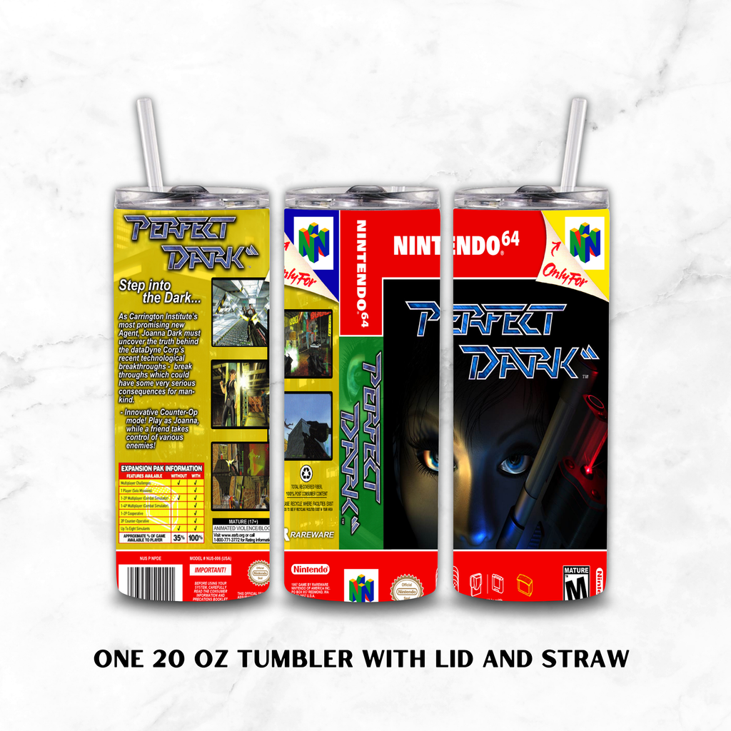 Three views of a 20 oz tumbler with lid and straw, printed with the Nintendo 64 game cover art for Perfect Dark. The image shows the front, back, and side of the tumbler against a white marble background with text reading 'ONE 20 OZ TUMBLER WITH LID AND STRAW'.