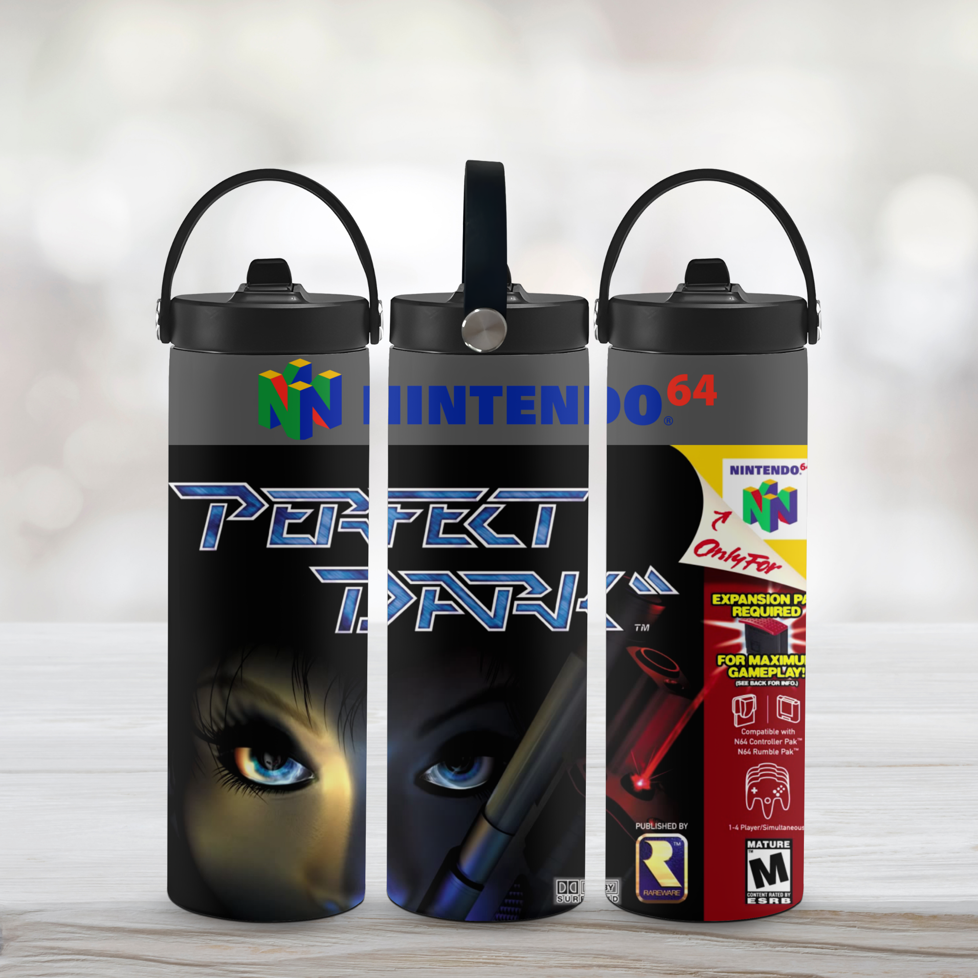 Three tumbler designs with Nintendo branding Perfect Dark a on a light background