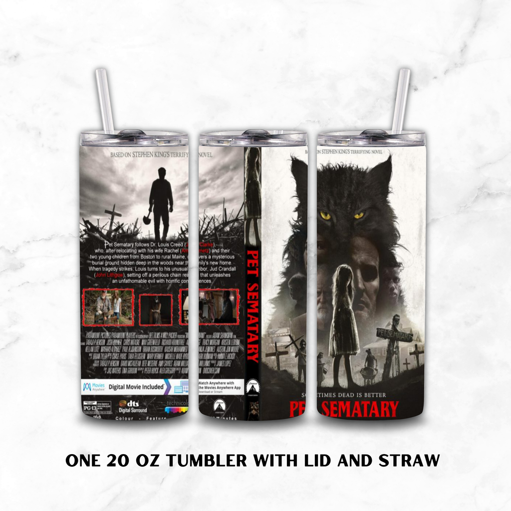 Three views of a 20 oz tumbler with lid and straw, wrapped in a horror movie poster design for 'Pet Sematary'. The design features a black wolf, a man's face, a small girl, and a graveyard scene.