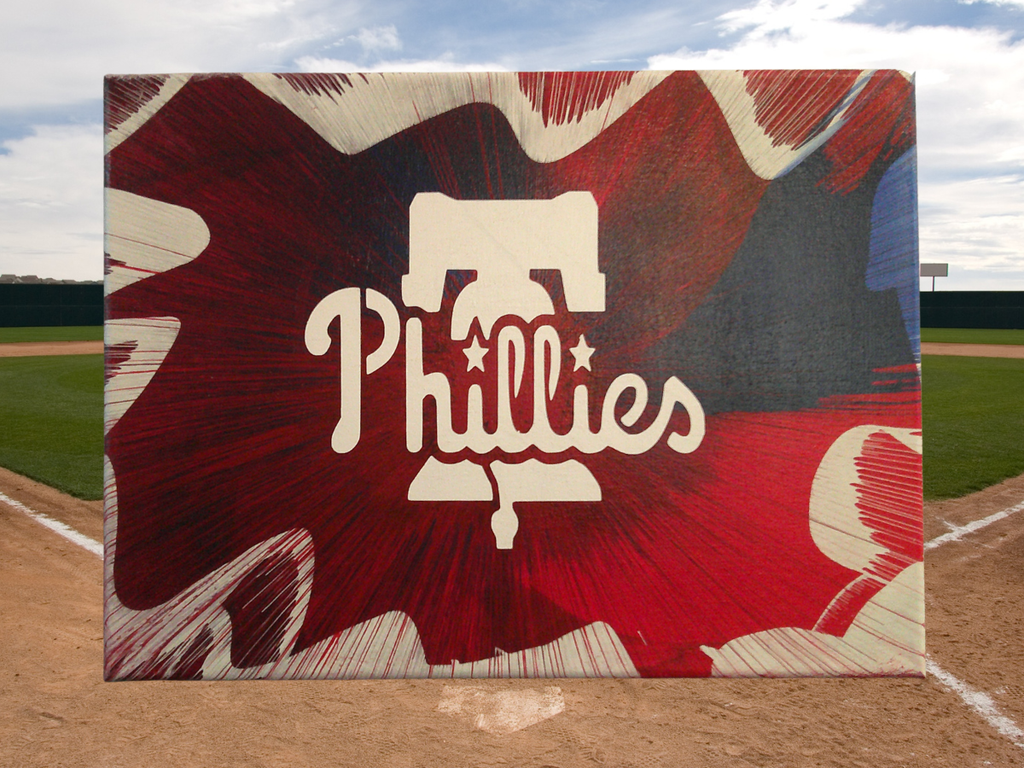 Philadelphia Phillies Spin Art canvas wall art with a baseball field background.