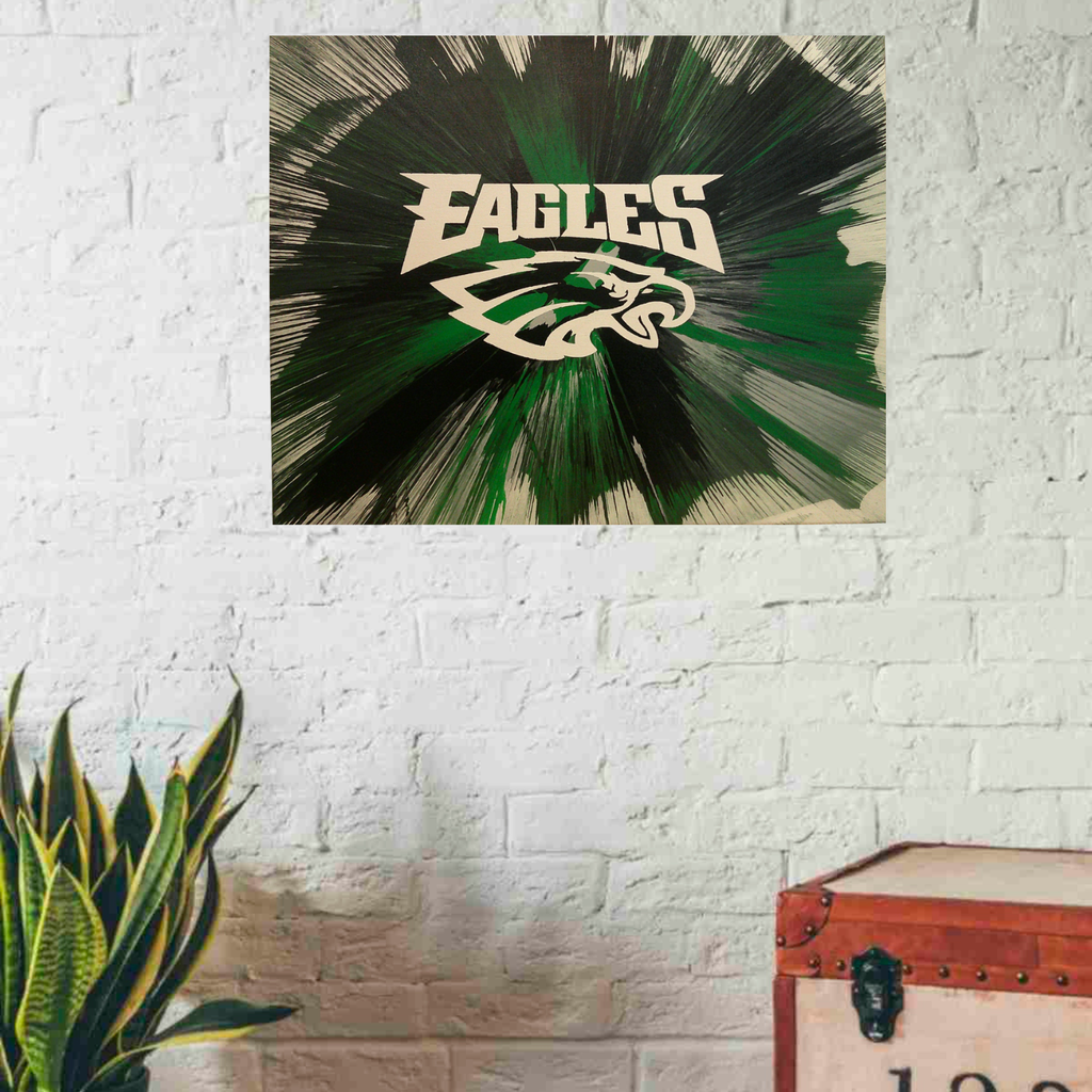 Philadelphia Eagles Spin Art on a wall with a plant and suitcase in the foreground