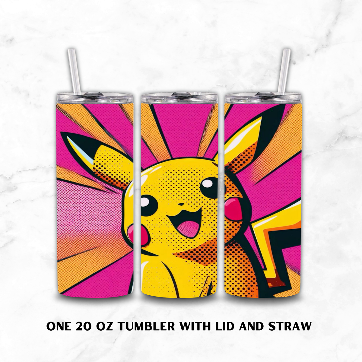 Three views of a 20 oz tumbler with lid and straw, featuring a colorful Pikachu comic-style print on a white marble background. Text below reads 'ONE 20 OZ TUMBLER WITH LID AND STRAW'.