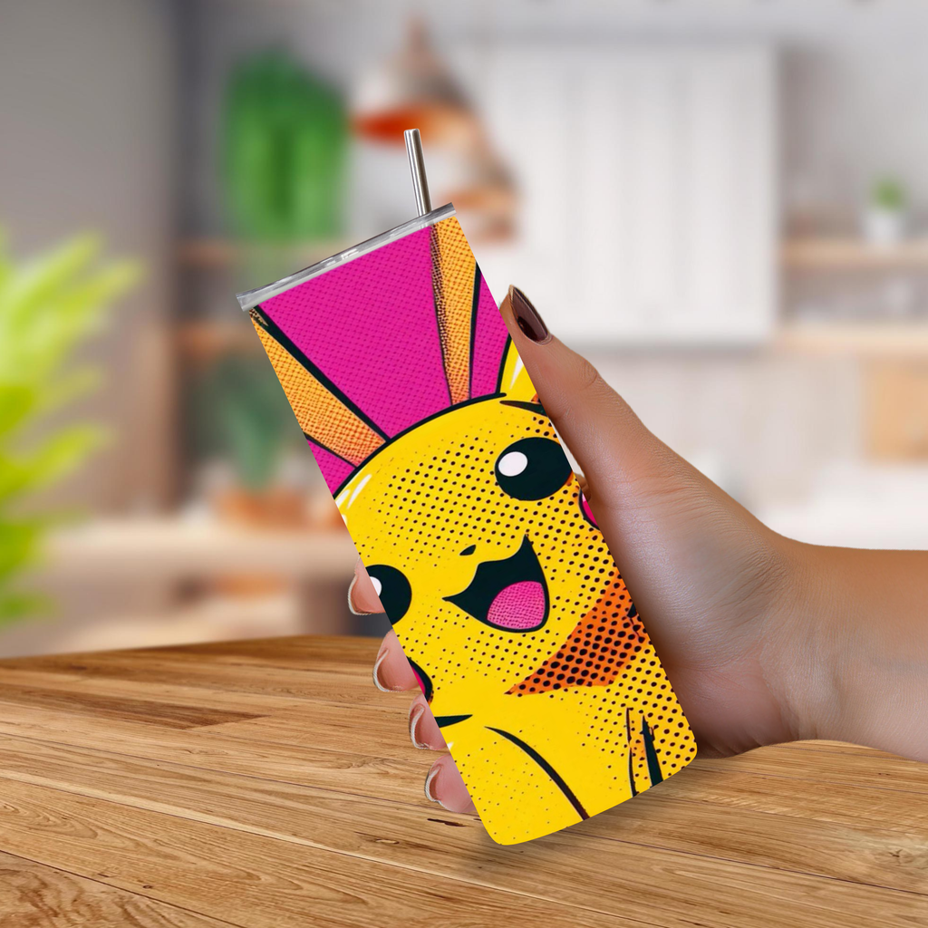 A hand holding a 20oz tumbler with a metal straw, featuring a colorful Pikachu graphic in a comic-style halftone pattern. The background shows a blurred indoor setting with a wooden table surface.