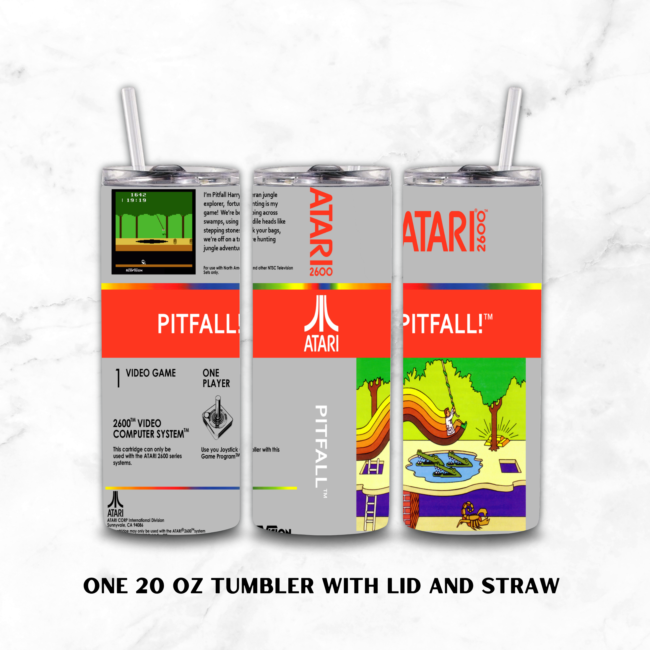 Three views of a 20 oz skinny tumbler with lid and straw, featuring a retro Atari 'Pitfall!' video game label design on a white marble background.