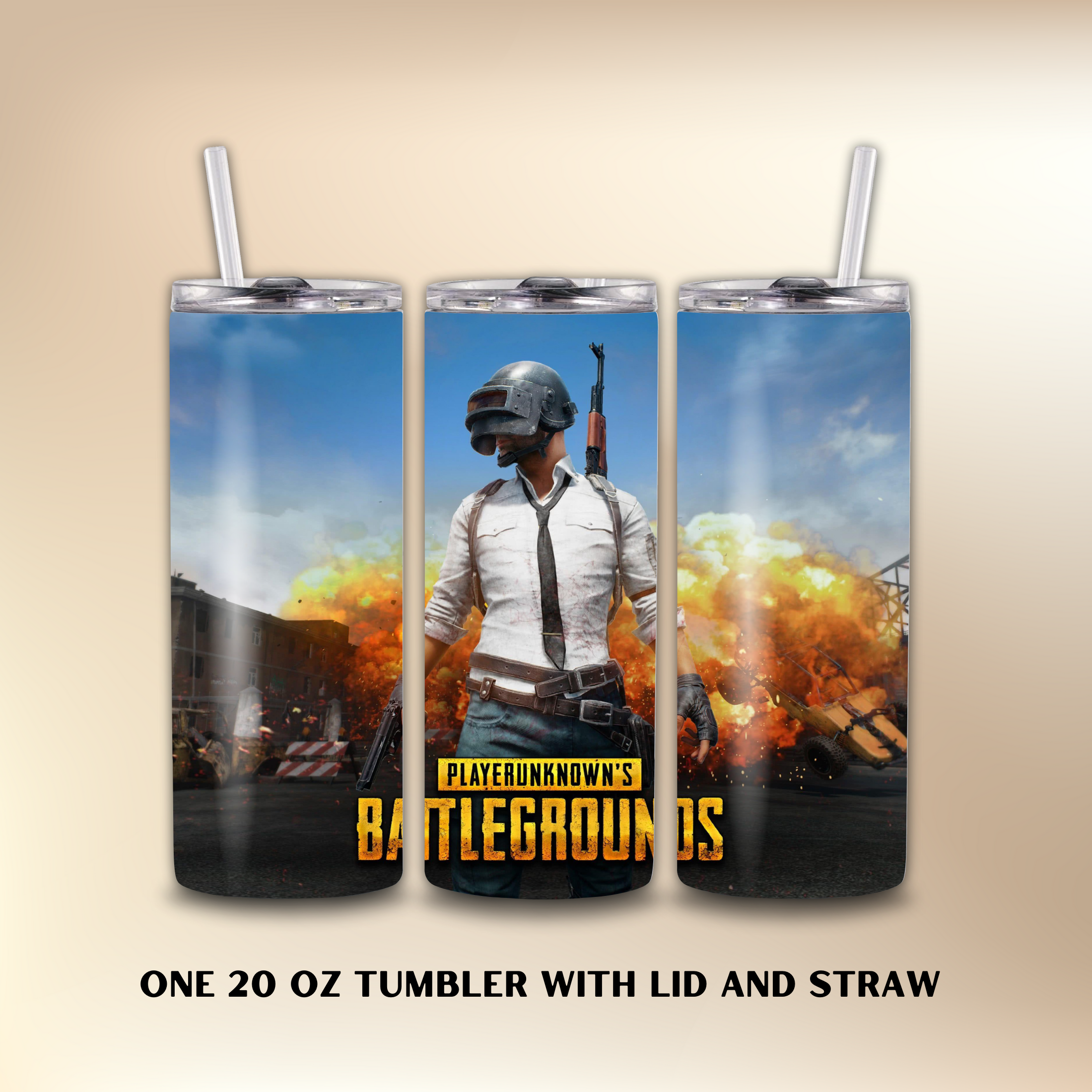 Three tumbler with a 'PlayerUnknown's Battlegrounds' design on a beige background.