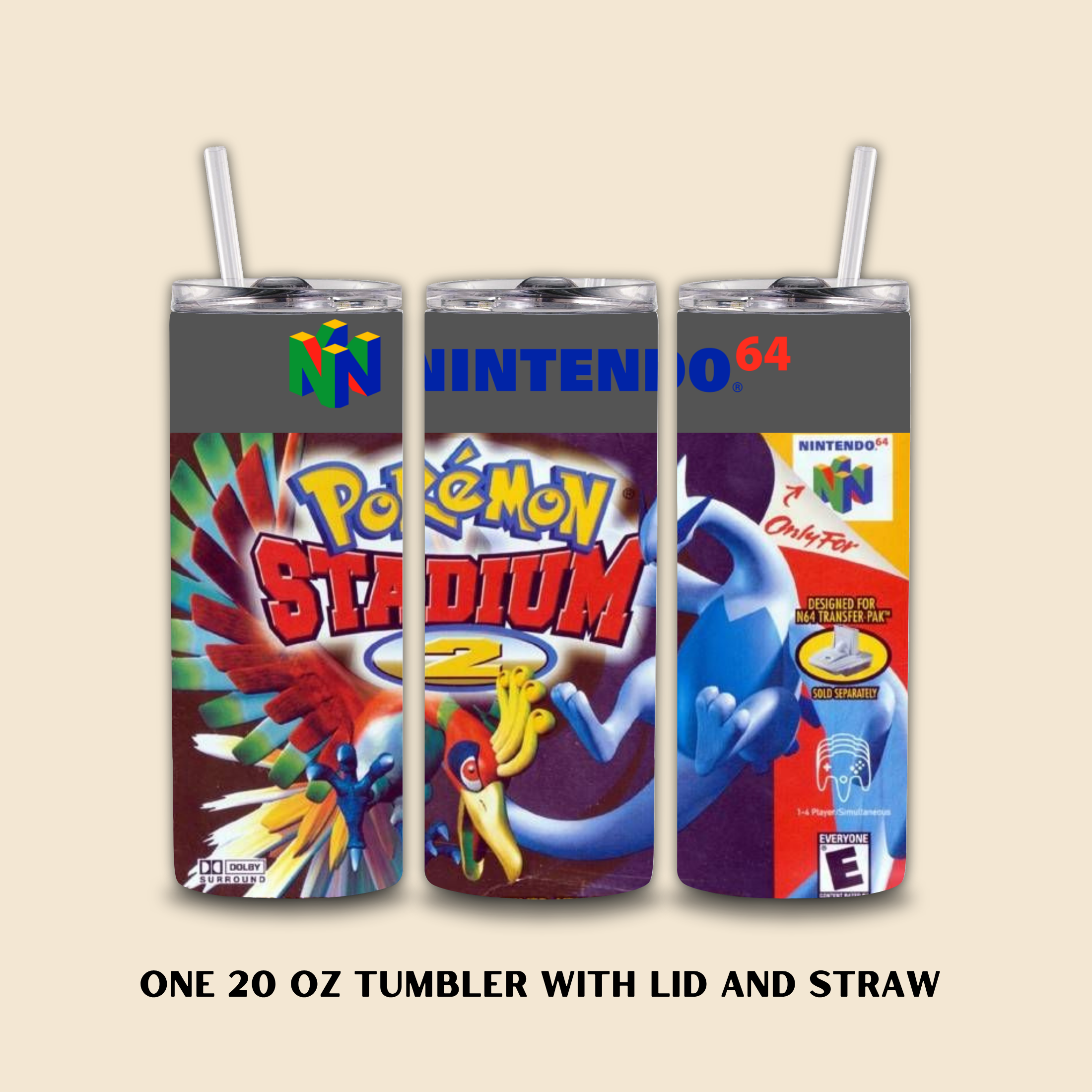 Three tumbler designs inspired by Nintendo 64 game Pokémon Stadium on a beige background