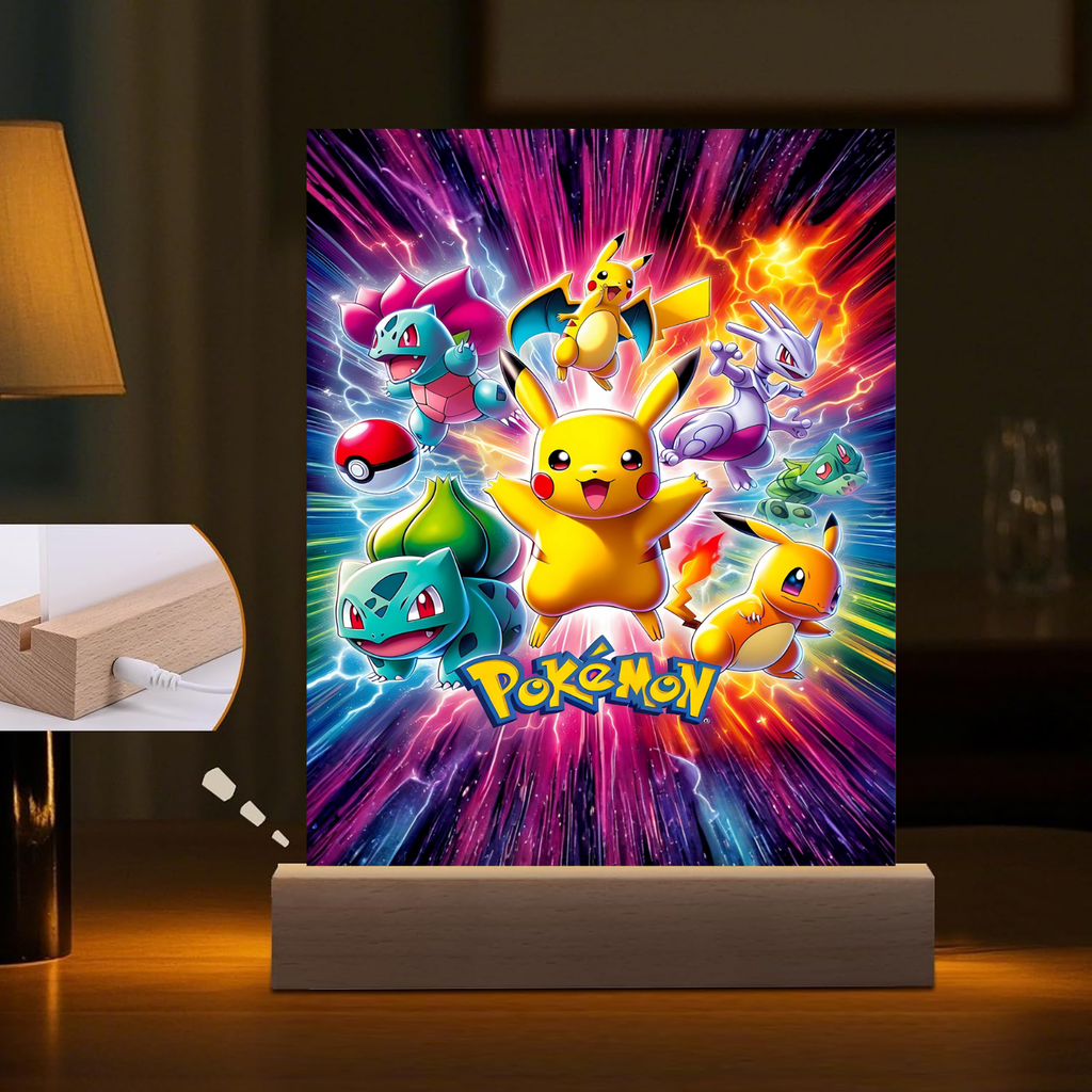 Pokémon Photo frame LED night light with lamp in background. 