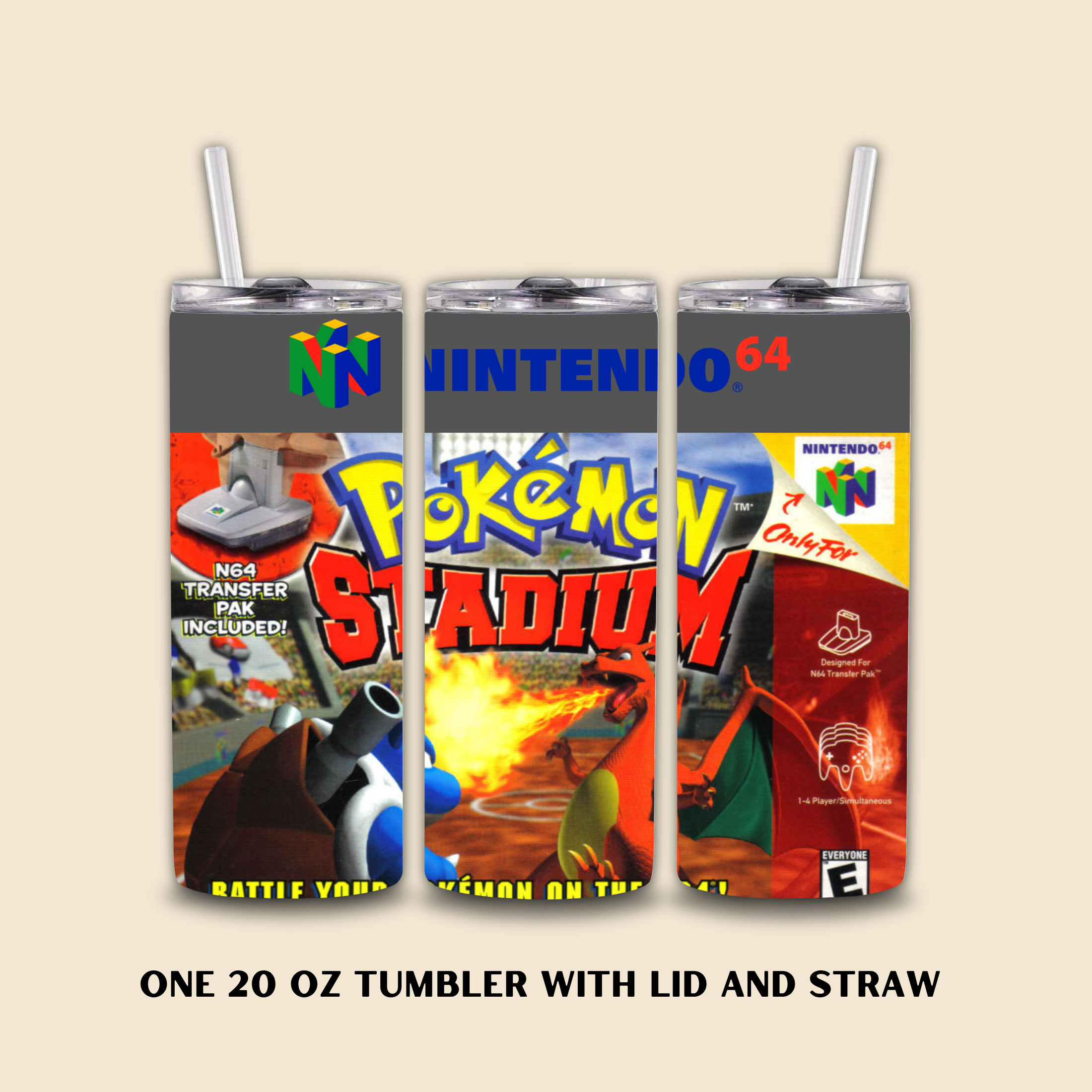 Tumbler with lid and straw featuring Nintendo 64 and Pokémon Stadium designs on a beige background.