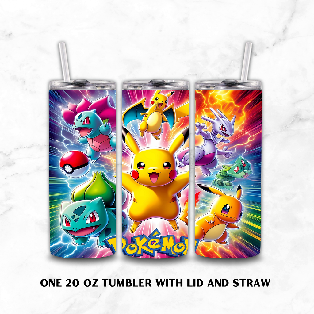 Three views of a 20 oz tumbler with lid and straw, featuring colorful Pokémon artwork including Pikachu, Bulbasaur, Charmander, and Eevee on a white marble background.