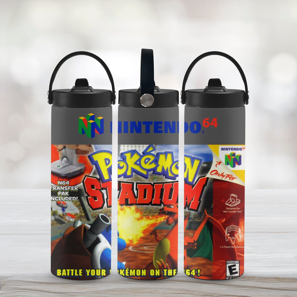 Three water bottles with Nintendo and Pokémon Stadium branding on a light background