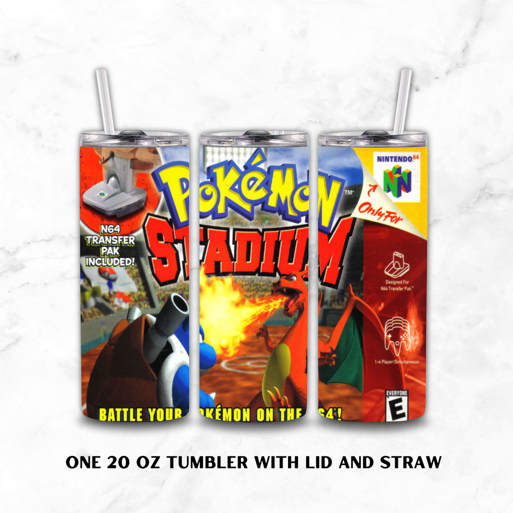 Three views of a 20 oz skinny tumbler with a clear lid and straw, featuring a colorful Pokémon Stadium graphic wrap. The designs show the Pokémon Bulbasaur, the Pokémon Fireantom, and game logos including the Nintendo 64 logo and 'Only 4!' badge, set against a white marble background with text reading 'ONE 20 OZ TUMBLER WITH LID AND STRAW'.