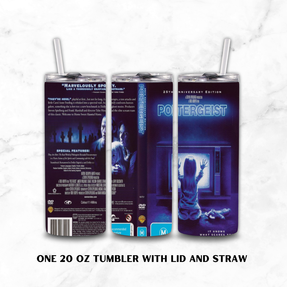 Three views of a 20 oz tumbler with lid and straw, featuring a custom Poltergeist 25th Anniversary Edition wrap design in dark purple and blue tones, shown on a white marble background with text at the bottom.