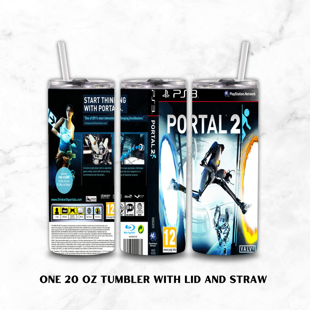 Three views of a 20 oz stainless steel tumbler with lid and straw, printed with PlayStation 3 branding and Portal 2 artwork, on a white marble background.
