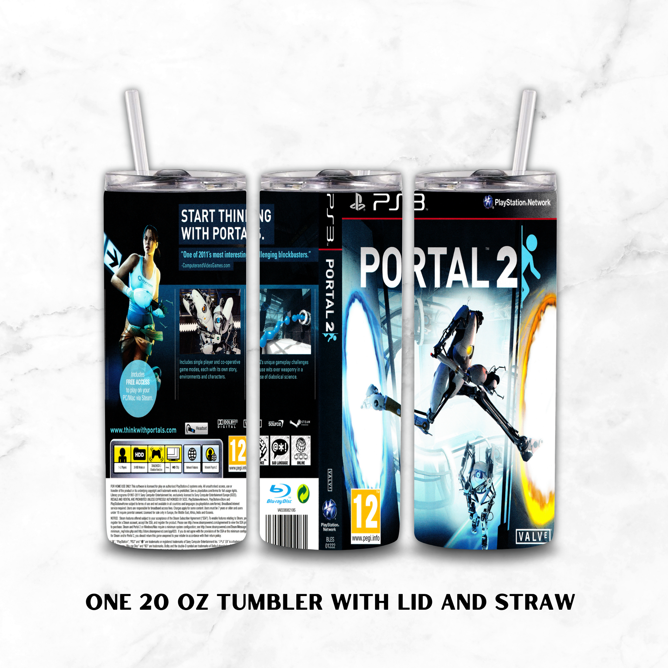 Three views of a 20 oz stainless steel tumbler with lid and straw, printed with PlayStation 3 branding and Portal 2 artwork, on a white marble background.