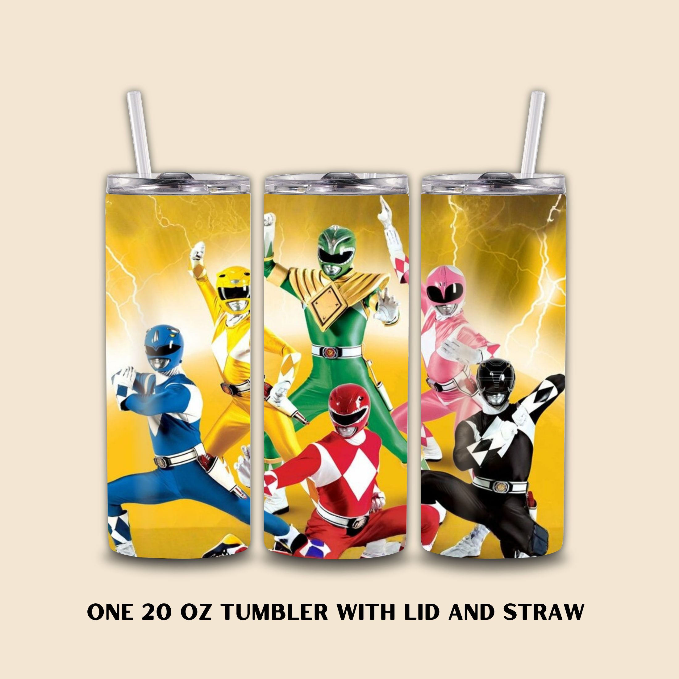 Three tumbler with colorful superhero characters on a yellow background