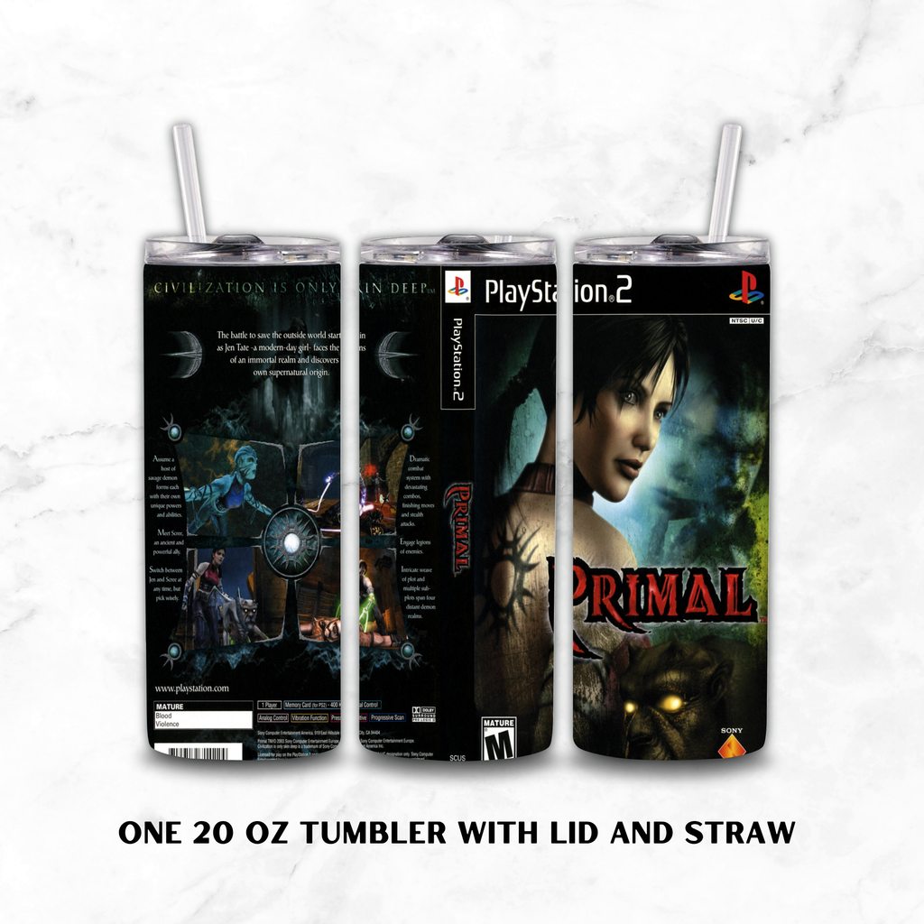 Three views of a 20 oz tumbler with lid and straw, printed with PlayStation 2 Primal artwork, shown on a white marble background with text reading 'ONE 20 OZ TUMBLER WITH LID AND STRAW'.