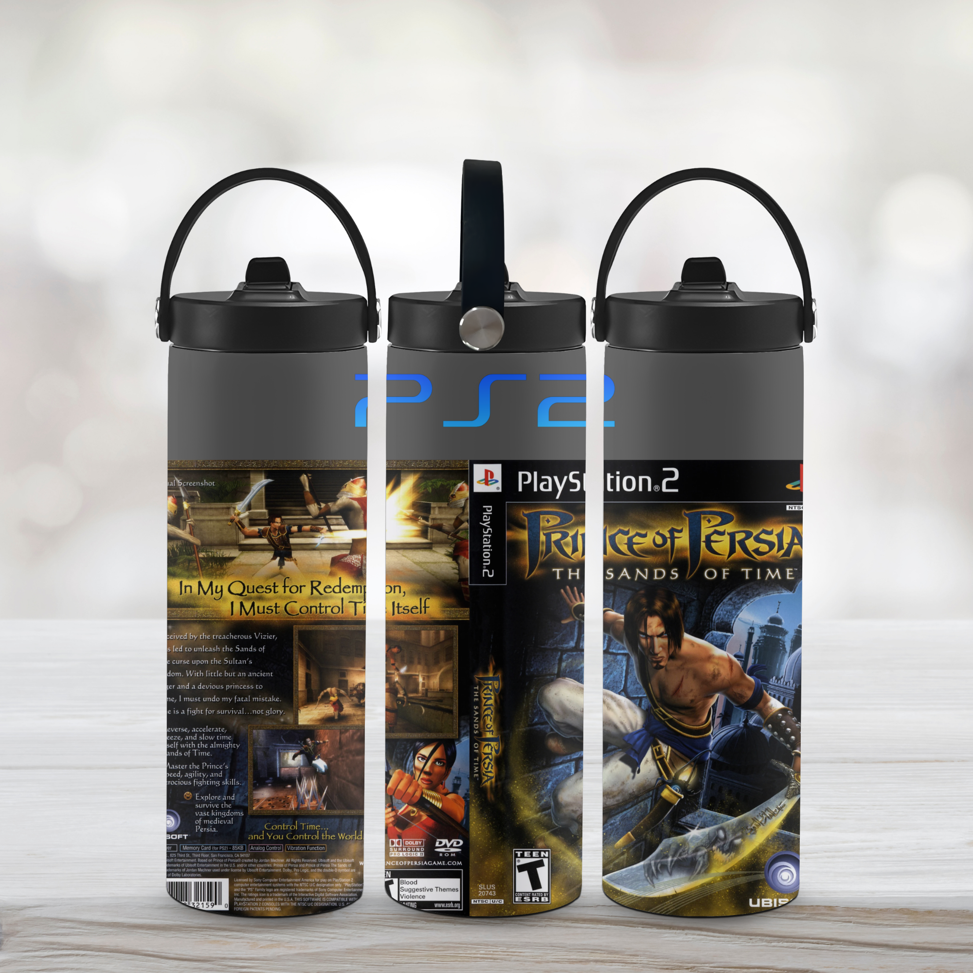 Three water bottles with 'PlayStation 2' branding and Prince of Persia game covers on a light background
