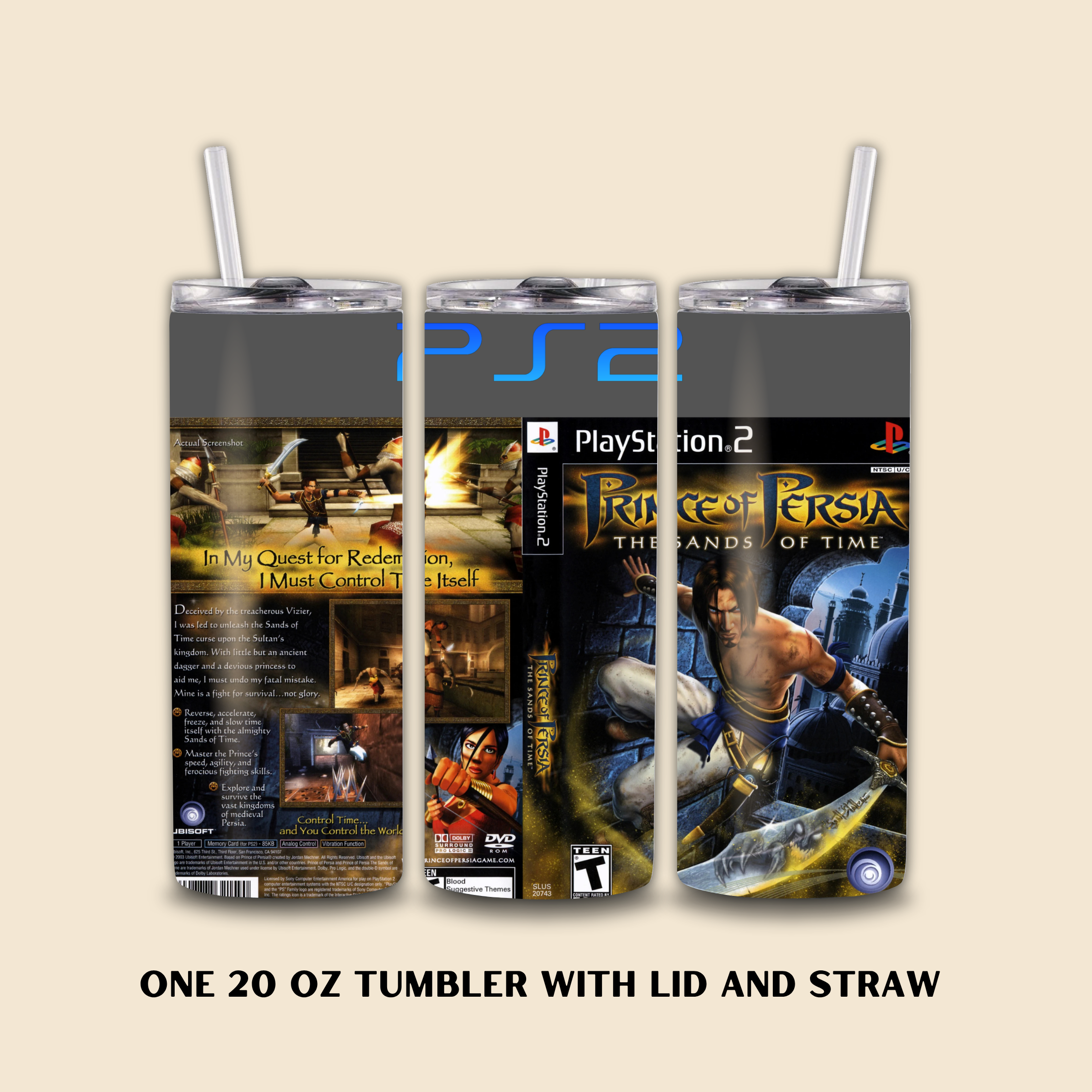 Tumbler with lid and straw featuring 'Prince of Persia' PS2 game design on a beige background