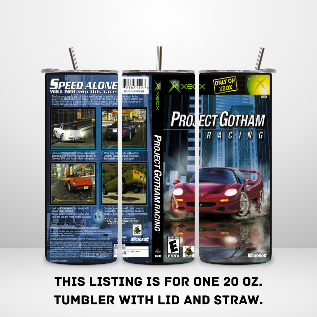 Three views of a 20 oz tumbler with lid and straw printed with Xbox Project Gotham Racing artwork, shown on a light gray background with text stating the listing is for one 20 oz tumbler.