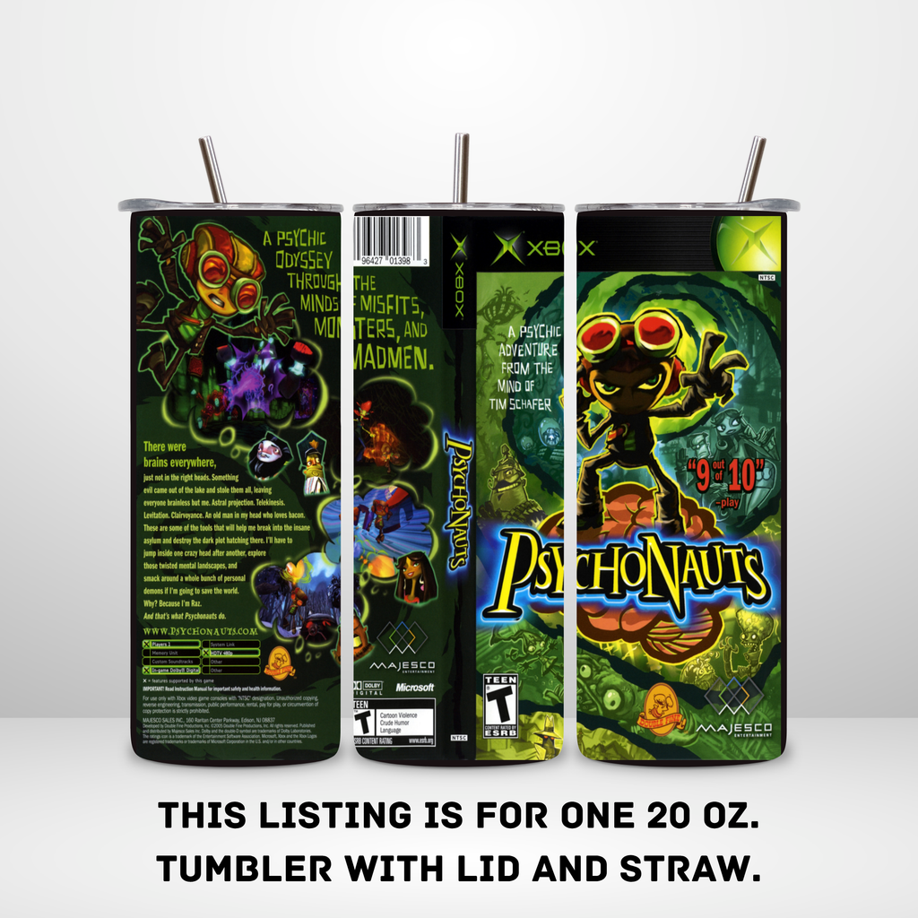 Three views of a 20 oz metal tumbler with lid and straw, featuring a detailed 'Psychonauts' Xbox video game cover art wrap. The tumbler is shown from the back, side, and front, displaying various colorful graphics, text, and logos.