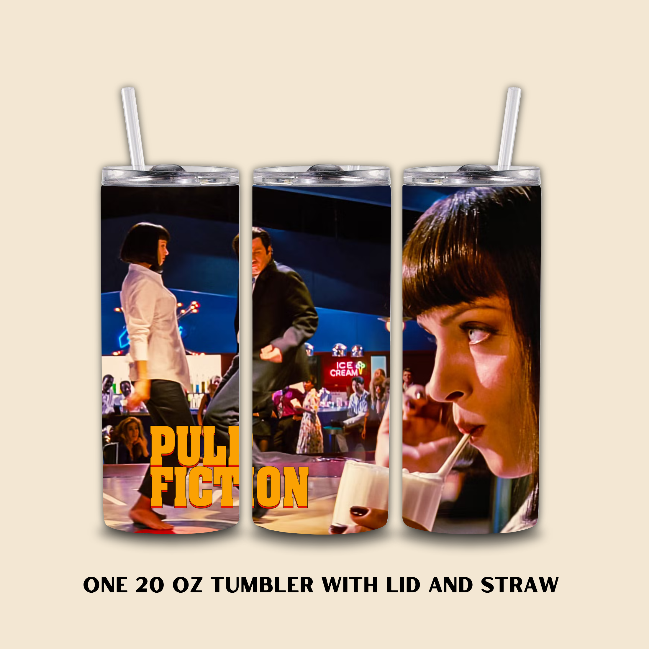 Tumbler with 'Pulp Fiction' movie scenes and text on a beige background