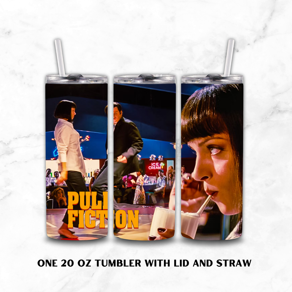 Three views of a 20 oz stainless steel tumbler with lid and straw, featuring a 'Pulp Fiction' movie print. The tumbler wraps around the image of the movie's characters and includes the bold yellow 'PULP FICTION' text.