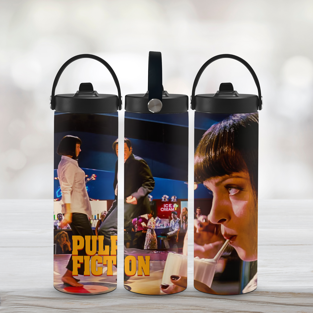 Three water bottles with 'Pulp Fiction' movie scenes and text on a light background