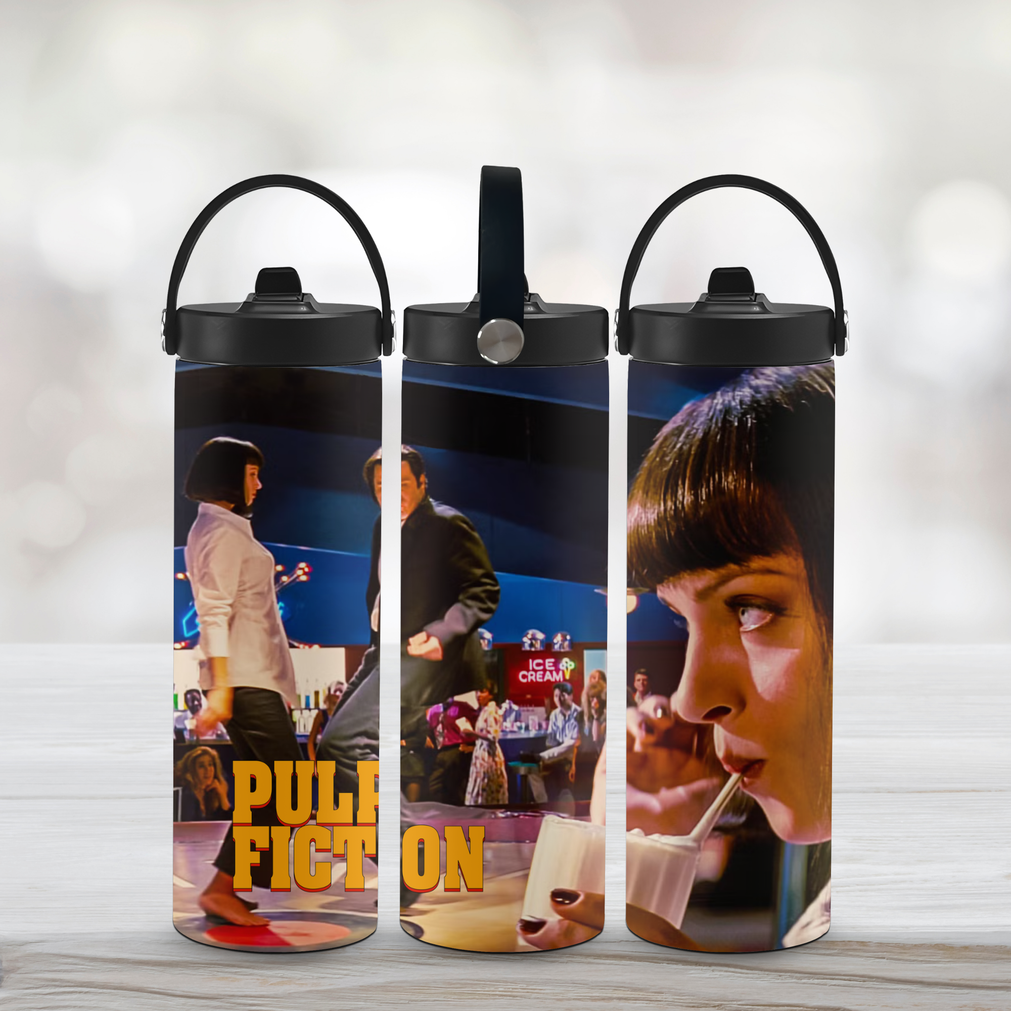 Three water bottles with 'Pulp Fiction' movie scenes and text on a light background