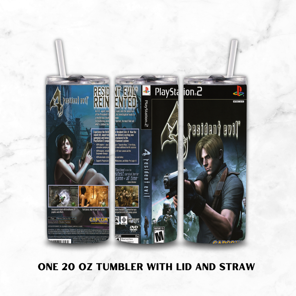 Three views of a 20 oz tumbler with lid and straw, wrapped in a Resident Evil 4 PlayStation 2 themed wrap, displayed on a white marble background with text reading 'ONE 20 OZ TUMBLER WITH LID AND STRAW'.