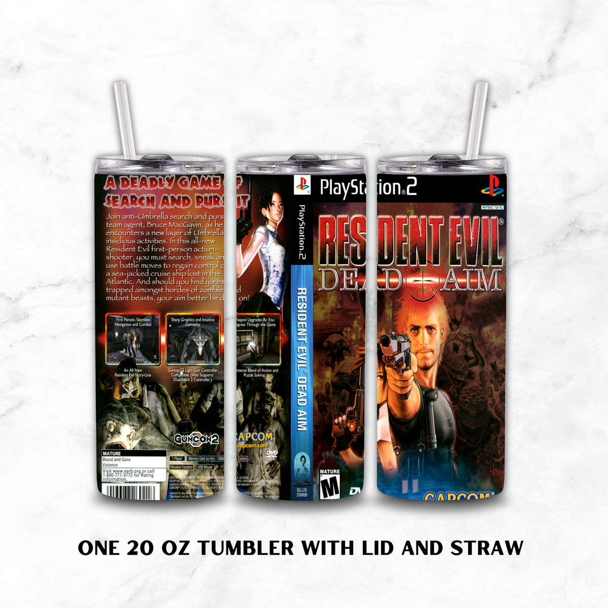 Three views of a 20 oz tumbler with lid and straw, wrapped in a Resident Evil Dead Aim video game sleeve design, shown on a white marble background with text below.