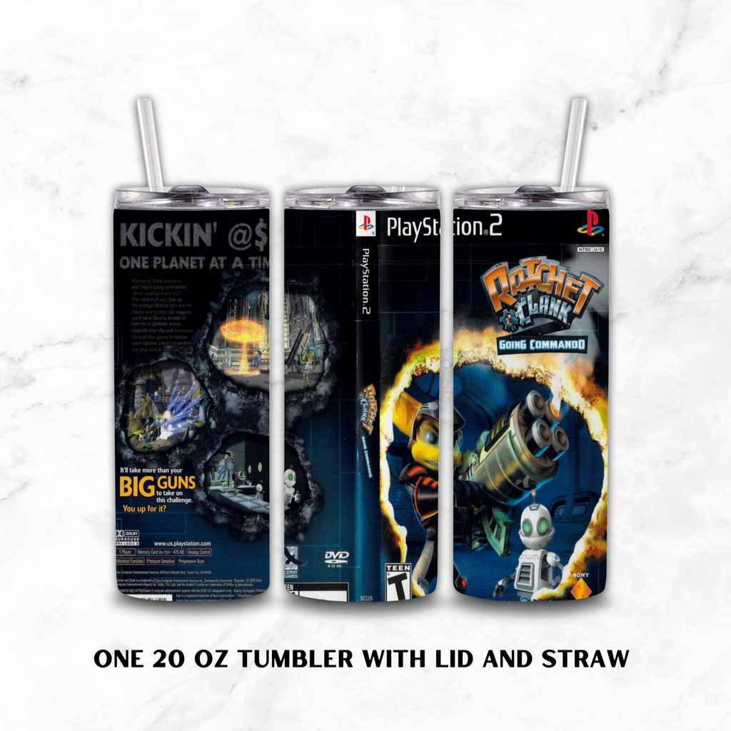 Three views of a 20 oz skinny tumbler with lid and straw, featuring a custom PlayStation 2 themed Ratchet & Clank Going Commando wrap design, displayed on a white marble background.