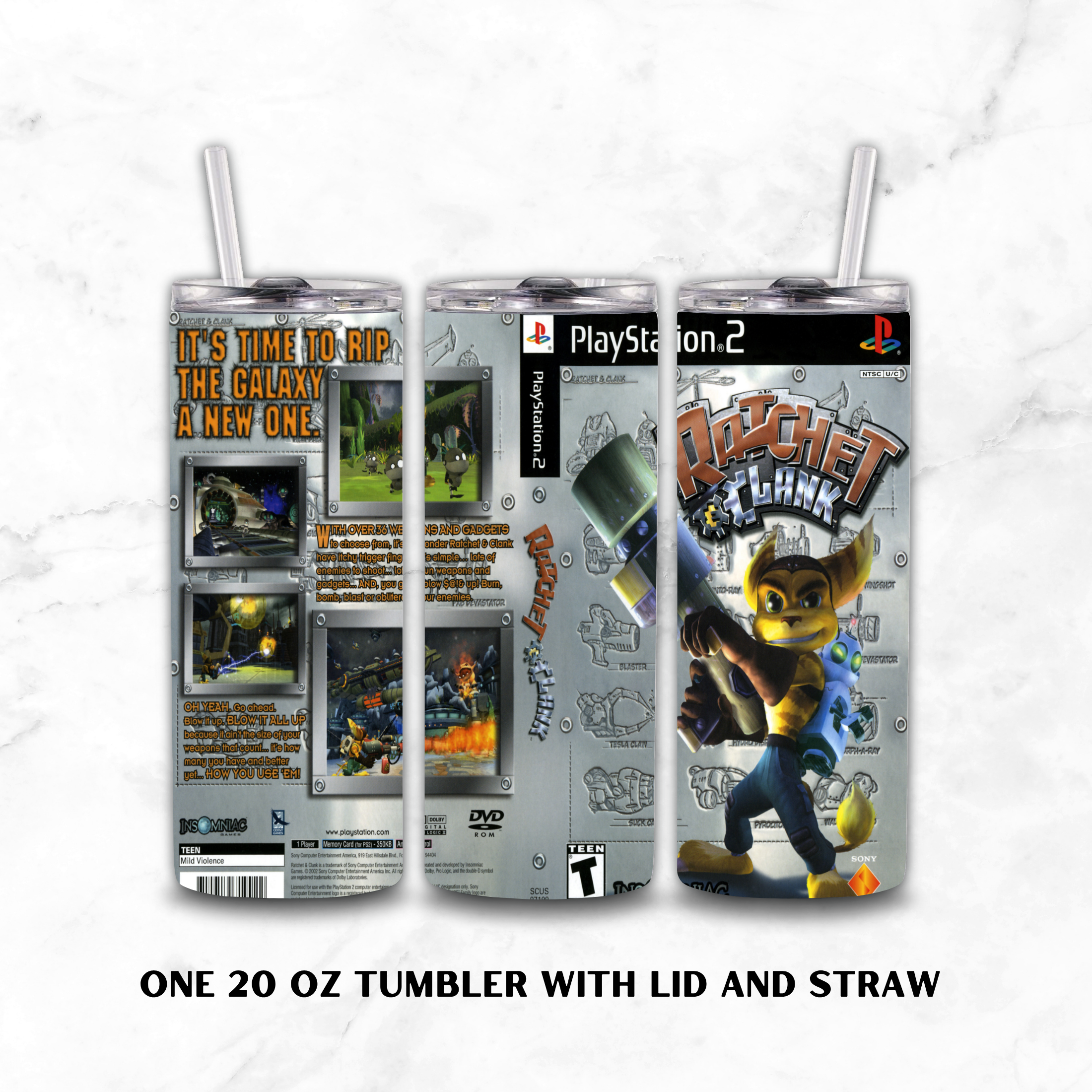 A 20 oz tumbler with lid and straw shown from three angles on a white marble background. The tumbler features PlayStation 2 branding and Ratchet & Clank character artwork, with printed game text and screenshots on the wrap.