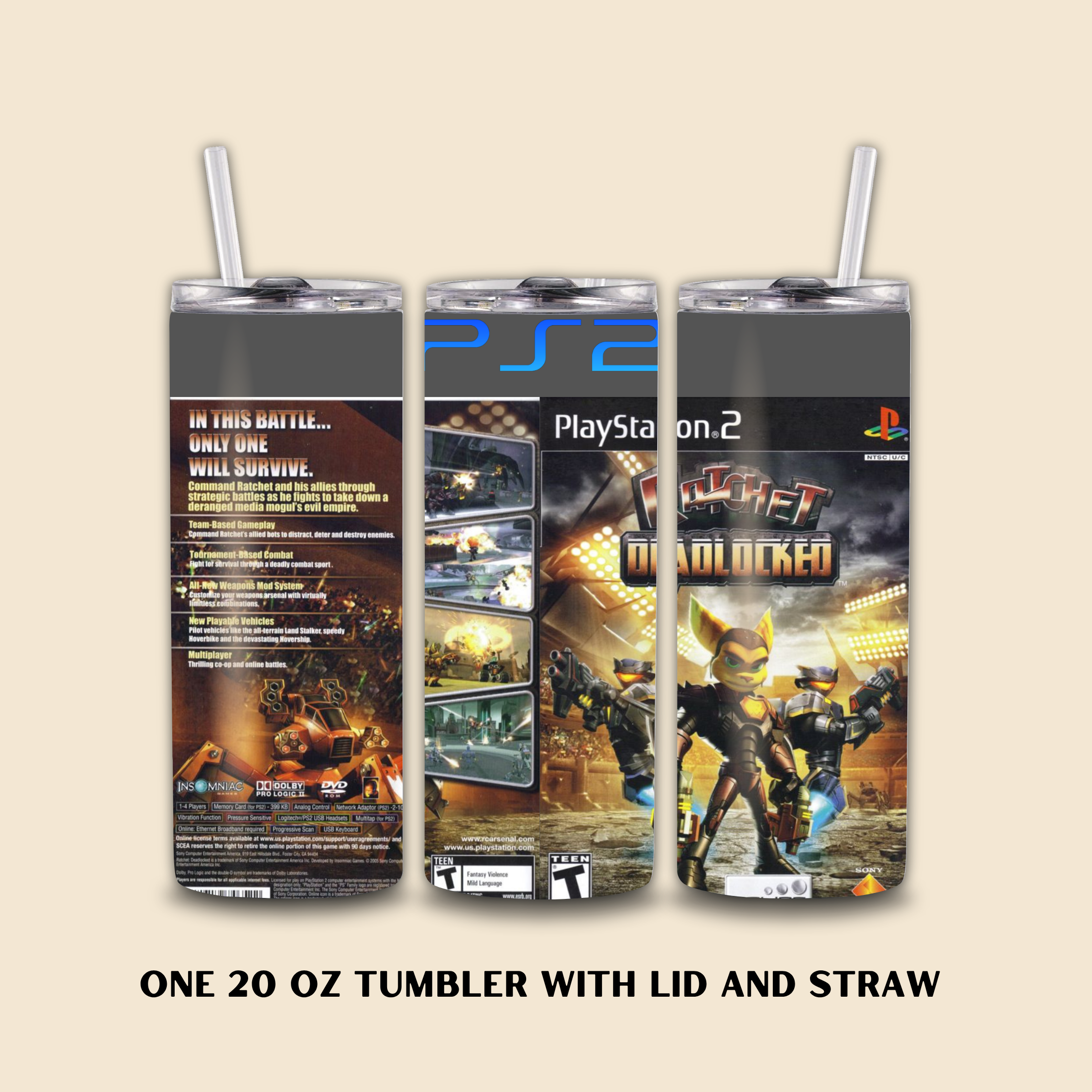 Three 20 oz tumblers with lids and straws featuring Ratchet Deadlocked PS2 video game graphics on a beige background.