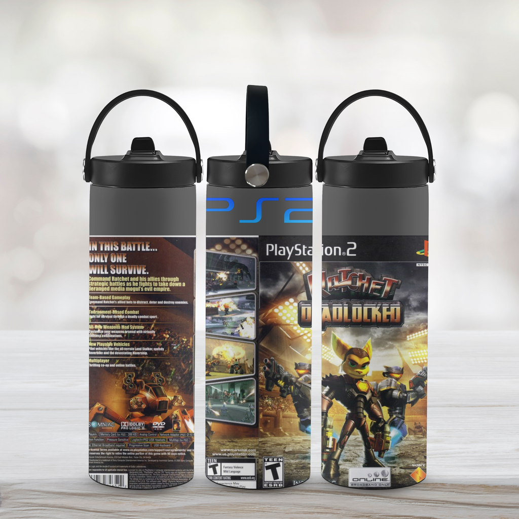 Three water bottles with Rachet Deadlocked PS2 graphics with a white background.