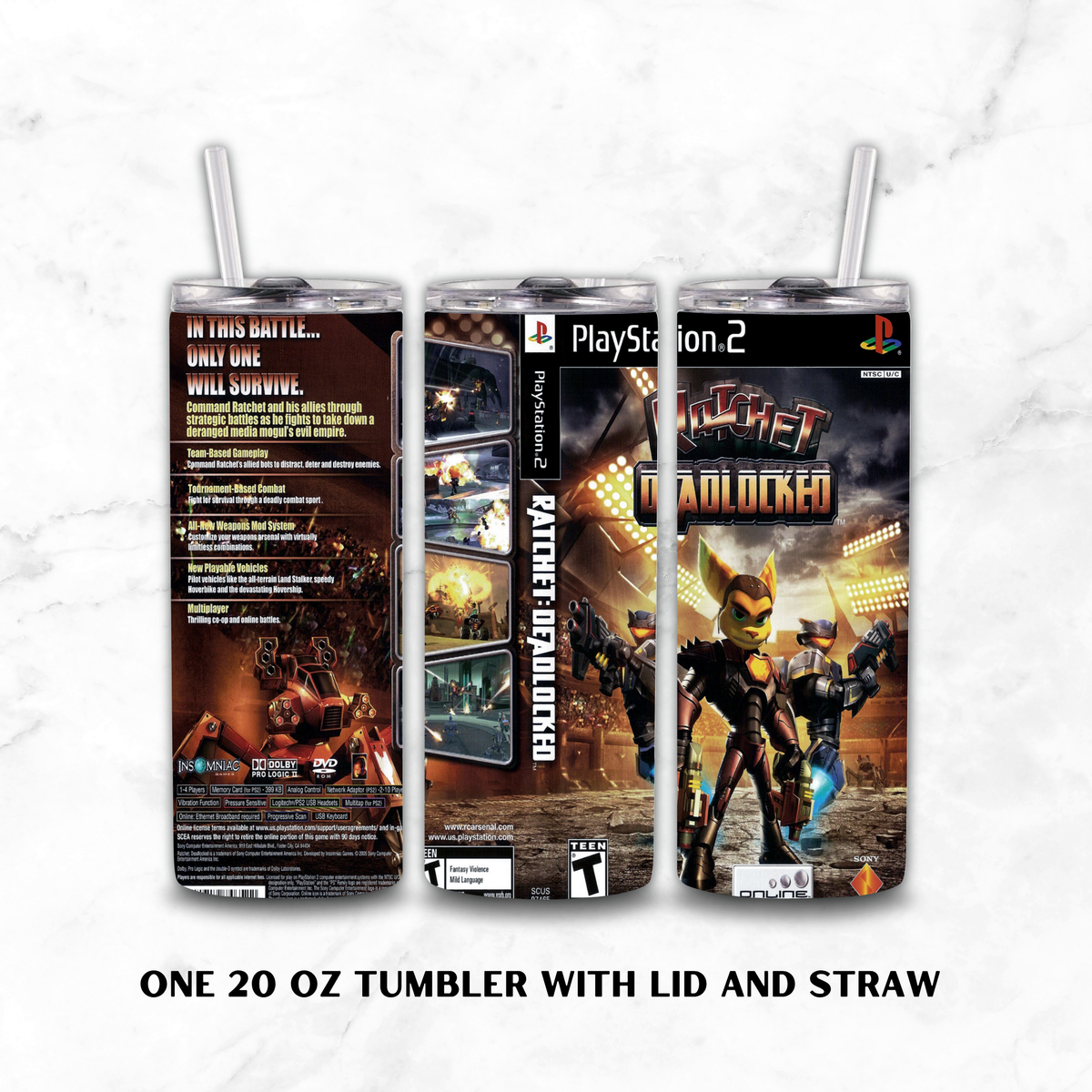 Three views of a 20 oz tumbler with lid and straw, wrapped in a PlayStation 2 themed graphic design for the game 'Ratchet & Deadlocked'. The left view shows the back with text, and the center and right show the front and spine.