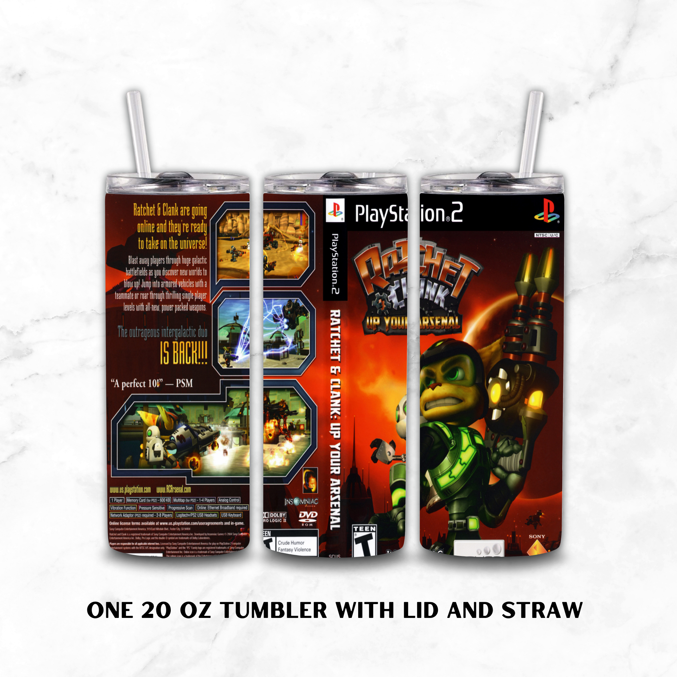 Three views of a 20 oz tumbler with lid and straw, featuring retro PlayStation 2 and Rachet and Clank: Up your Arsenal Video Game Collection artwork, displayed on a white marble background.