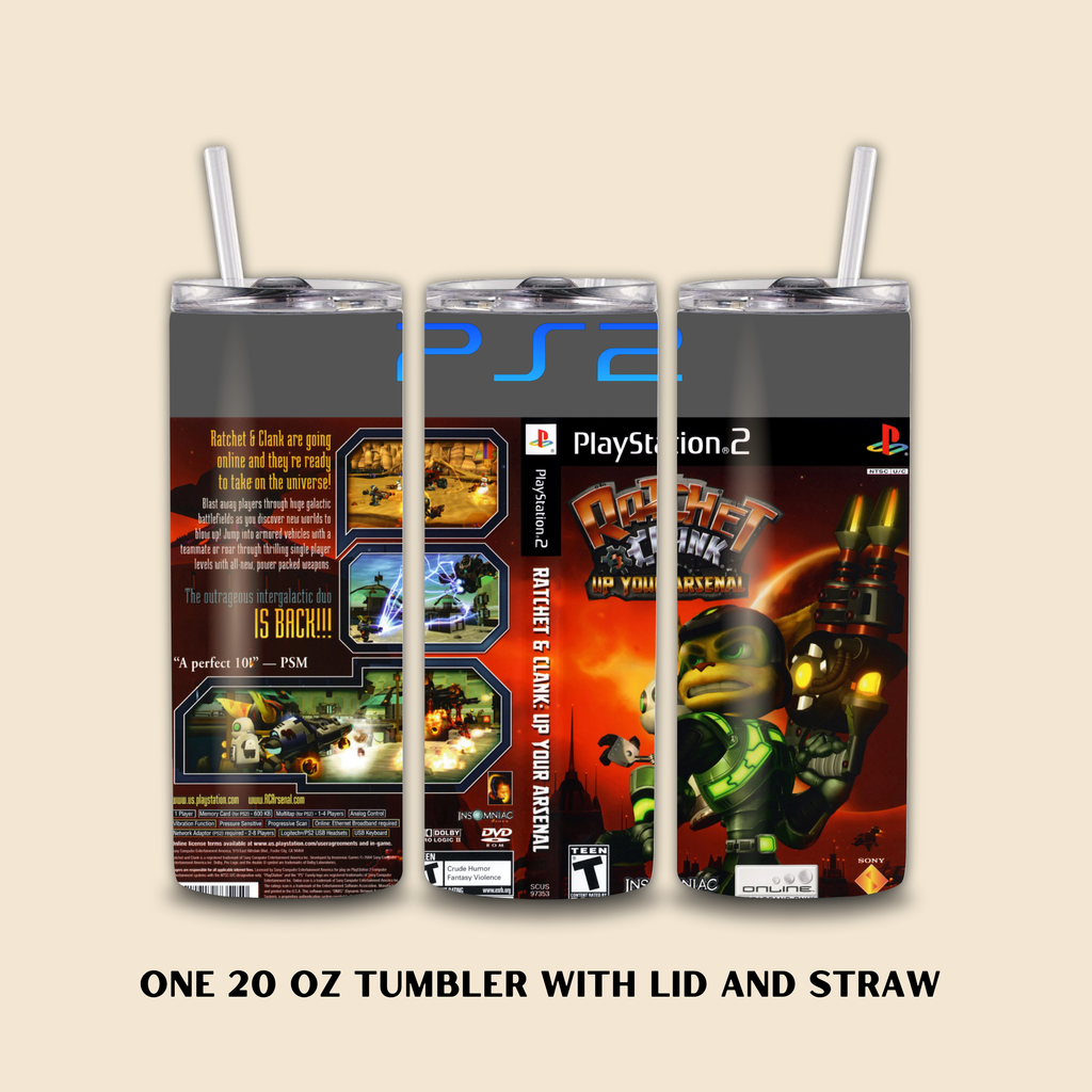  20 oz tumbler with Ratchet & Clank game on a beige background