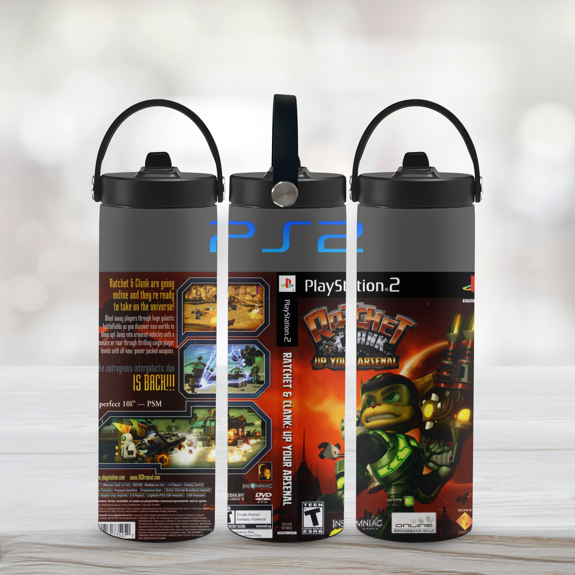 Three Ratchet & Clank themed sports water bottles on a light wooden surface with a white background.