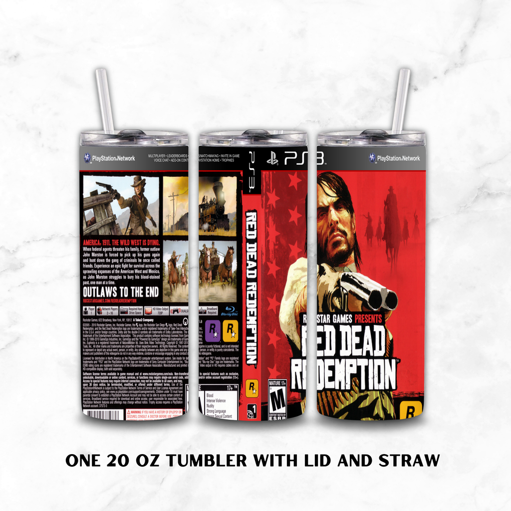 Three views of a 20 oz stainless steel tumbler with lid and straw, wrapped in a Red Dead Redemption PS3 game skin, displayed on a white marble background with text reading 'ONE 20 OZ TUMBLER WITH LID AND STRAW'.