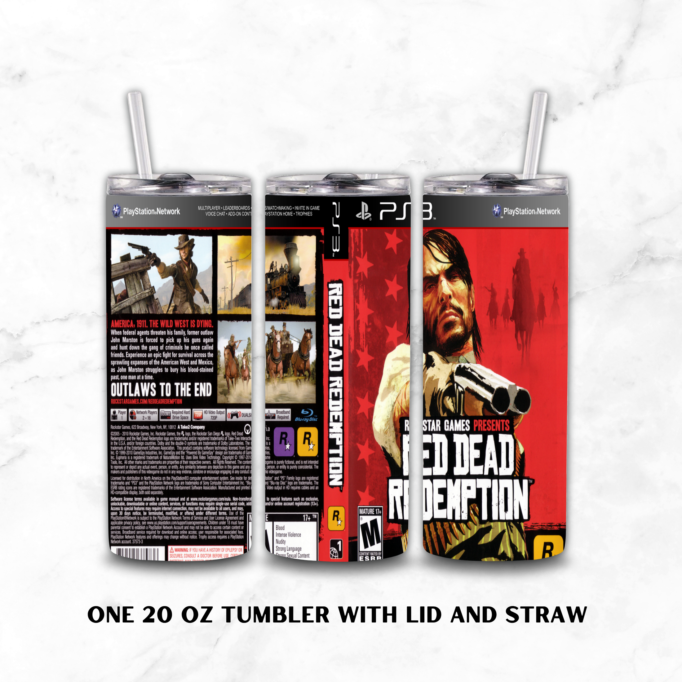 Three views of a 20 oz stainless steel tumbler with lid and straw, wrapped in a Red Dead Redemption PS3 game skin, displayed on a white marble background with text reading 'ONE 20 OZ TUMBLER WITH LID AND STRAW'.