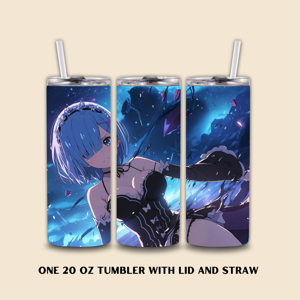 Three 20oz tumbler with Rem from Re:Zero on a beige background