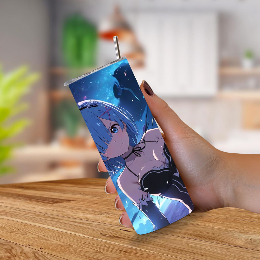 Person holding a 20oz tumbler with Rem from Re Zero design on a wooden surface.
