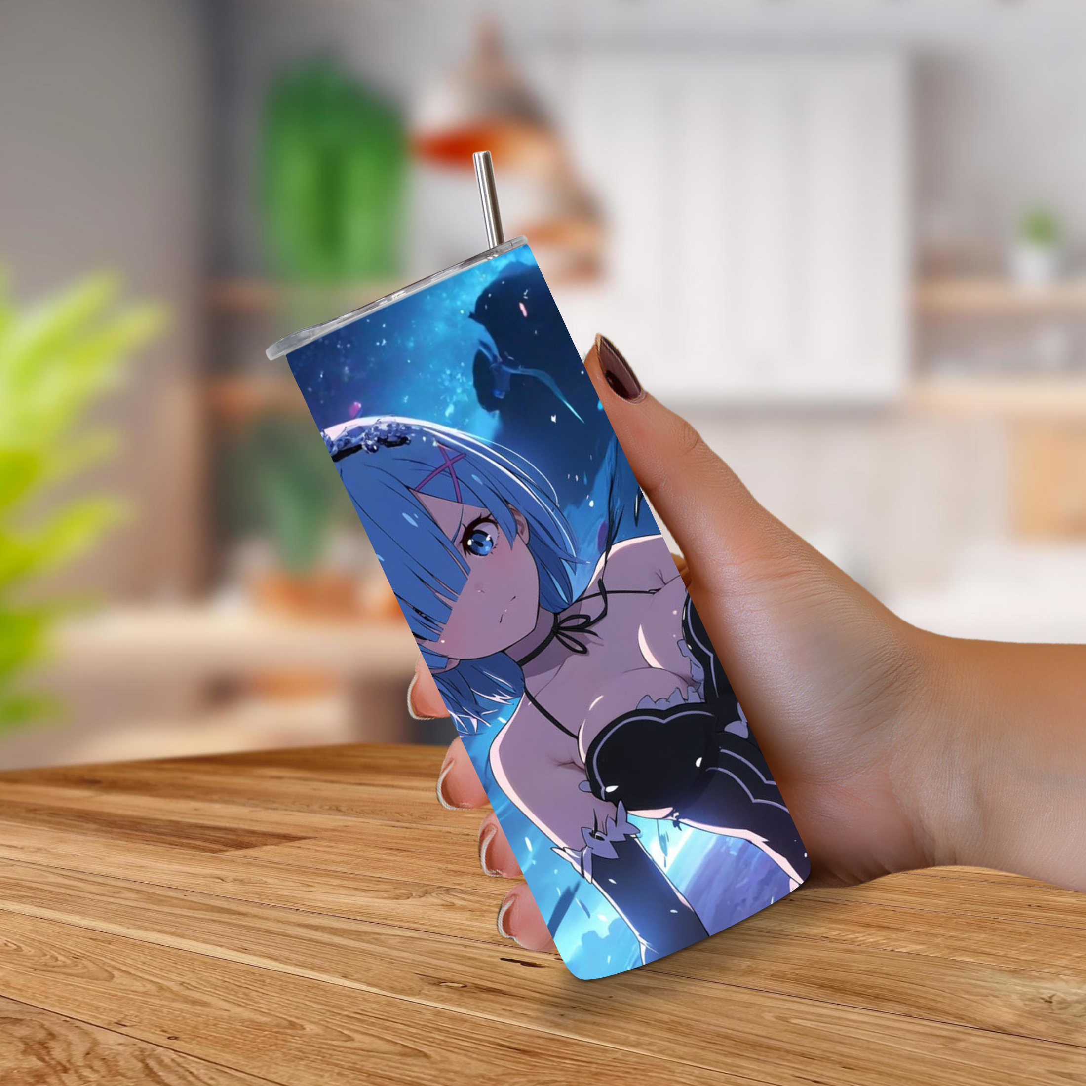 Person holding a 20oz tumbler with Rem from Re Zero design on a wooden surface.