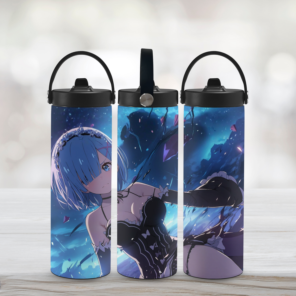 Three sports water bottles with anime Rem from Re Zero design on a light wooden surface.
