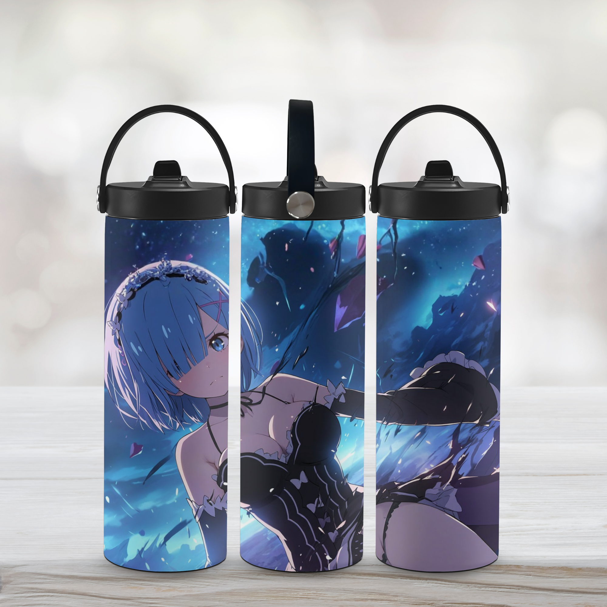 Three sports water bottles with anime Rem from Re Zero design on a light wooden surface.
