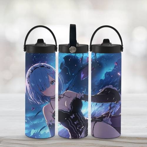 Three sports water bottles with anime Rem from Re Zero design on a light wooden surface.