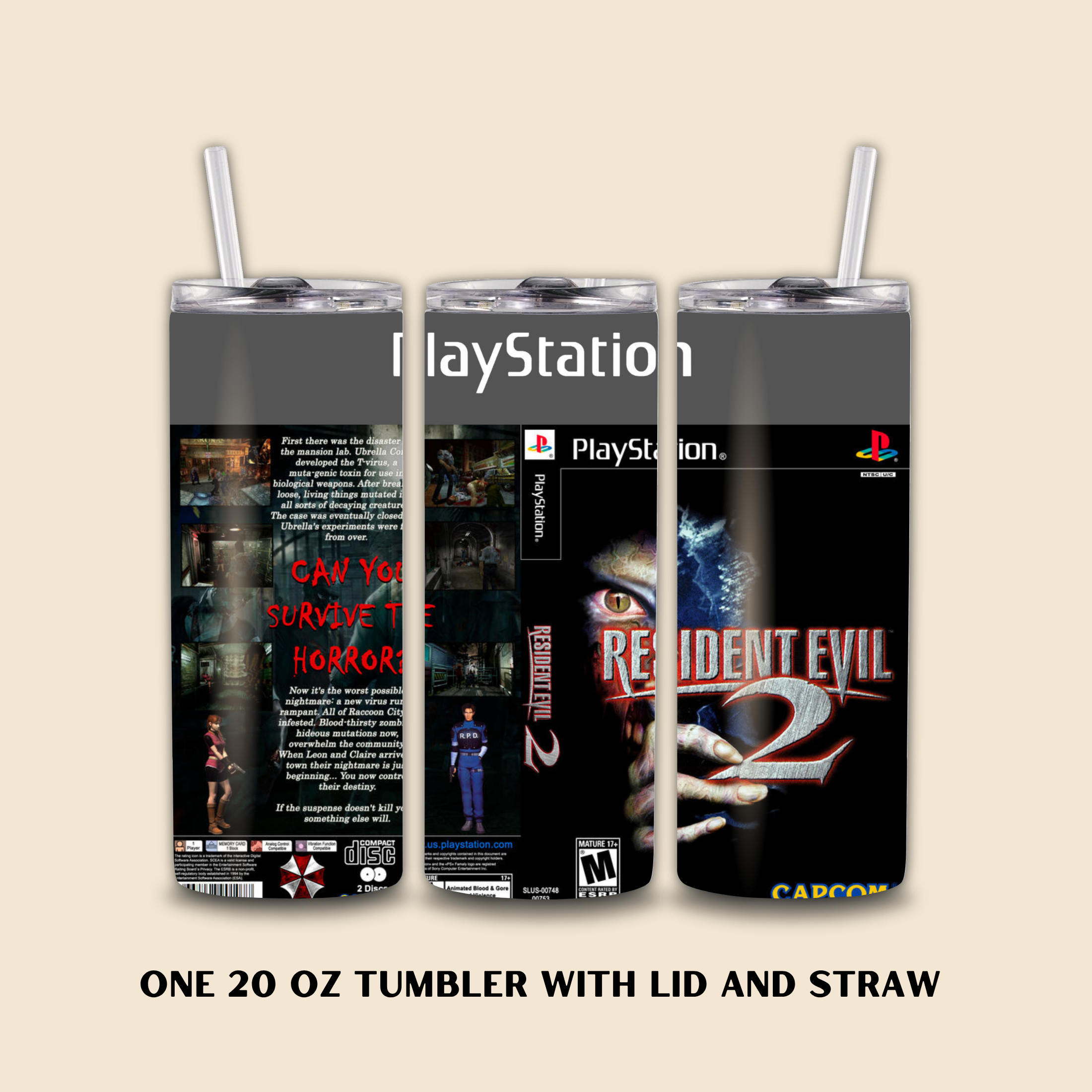 Three 20 oz tumblers with PlayStation and Resident Evil designs on a beige background.