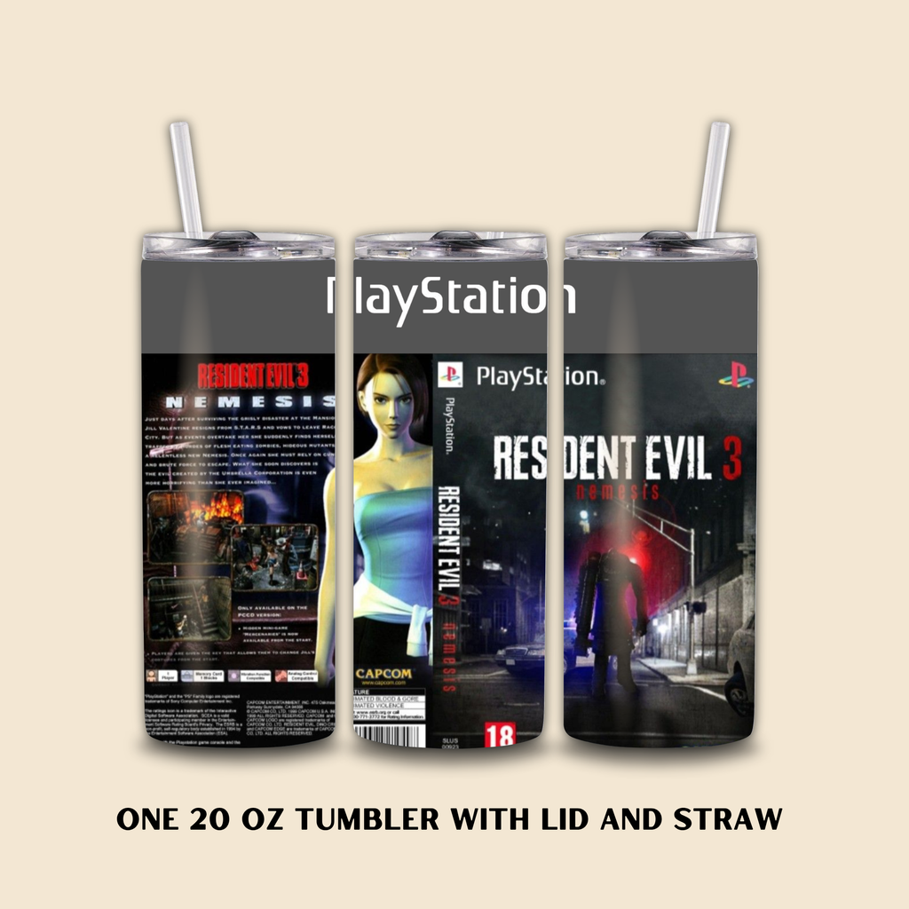 Three 'Resident Evil 3' themed tumblers with lids and straws on a beige background.