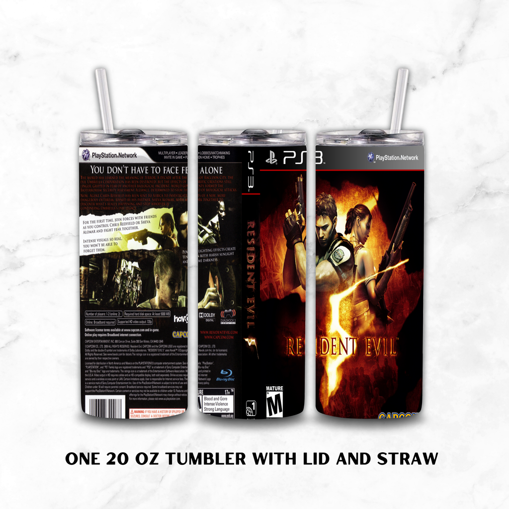 Three views of a 20 oz tumbler with lid and straw, printed with Resident Evil 5 artwork and PlayStation 3 branding, shown on a white marble background with text reading 'ONE 20 OZ TUMBLER WITH LID AND STRAW'.